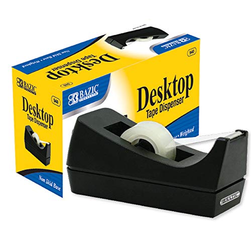 BAZIC 1" Core Desktop Tape Dispenser, Black Color, Weighted Non-Slip Non-Skid Based Tapes Holder, Sharper Long Lasting Blade, Office Home School, 1-Pack