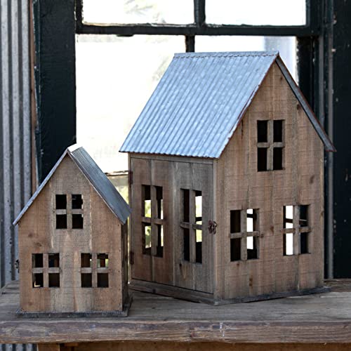 Park Hill Collection XAB90658 Tin Roof Christmas Cottage, Set of 2, Fir Wood and Galvanized tin
