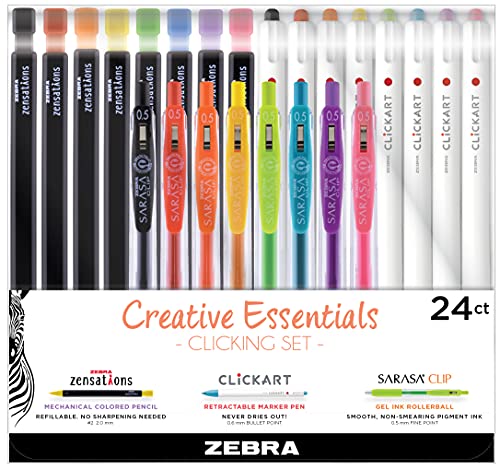 Zebra Pen Creative Essentials Starter Set, Includes 8 Highlighters, 8 Markers and 8 Sarasa Clip Retractable Gel Pens, Assorted Ink Colors, 24-Pack