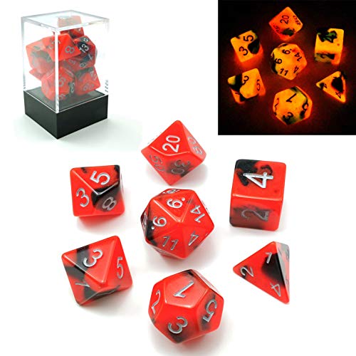 Bescon Dice Two-Tone Glow-in-The-Dark Polyhedral Dice Set HOT Rocks, Luminous RPG Dice Set d4 d6 d8 d10 d12 d20 d% Brick Box Pack