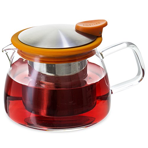 FORLIFE Bell Glass Teapot with Basket Infuser, 14 oz./430 mL, Orange