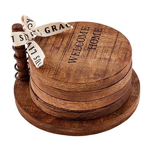 Mud Pie Welcom Wood Coaster Set, 4-inch Diameter, Mango Wood