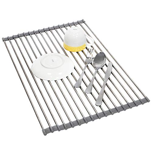 Tatkraft Spin Over The Sink Multipurpose Roll-Up Dish Drying Rack, Stainless Steel, Large, 20.5 x 13.4 inches