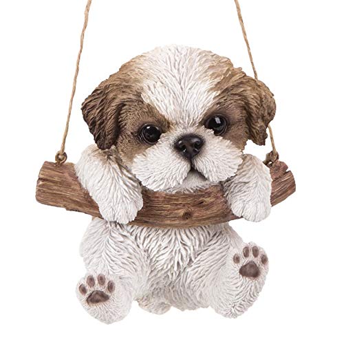 Pacific Trading Giftware Realistic Shih Tzu Puppy Hanging from Branch Rope Hanger Statue