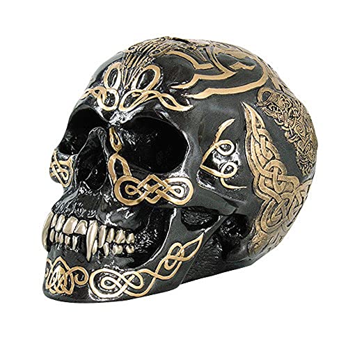 Pacific Trading PTC 7 Inch Black and Gold Color Celtic Pattern Skull Statue Figurine