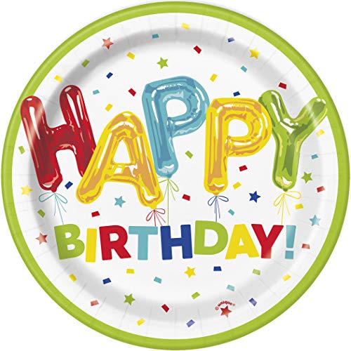 Unique Industries Happy Balloon Birthday Party Round Dessert Paper Plates, 8 Ct.