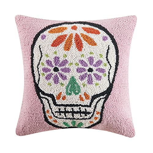 Peking Handicraft Pink Skull Halloween Polyfill Hook Throw Pillow, 16-inch Square, Wool and Poly Velvet, Holiday Seasonal Decoration