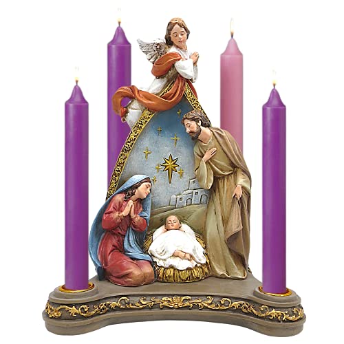 Roman Angel Over Holy Family Advent Candle Holder (Candles not Included)