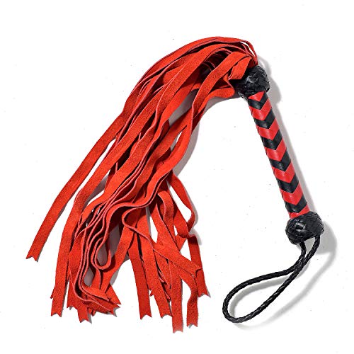 Universe Archery BARE SUTRA Horse Crop Flogger | Handmade Genuine Leather Whip | Horse & Bull Training Whip | Heavy Duty Cow Hide Leather Plait Handle | Suede Strips with Wrist Wrap Cowboy Flogger (15", Red & Black)