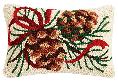 Peking Handicraft Balsam Ribbons Pinecones Christmas Mini Hooked Wool Pillow - 8" x 12"