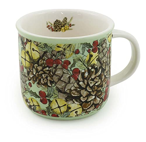 Boston International Holiday Ceramic Coffee/Tea Mug, 12-Ounces, Pinecones & Bells Allover