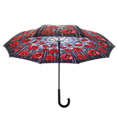 Galleria Reverse Close Stick Umbrella Stained Glass Poppies-Art on both sides