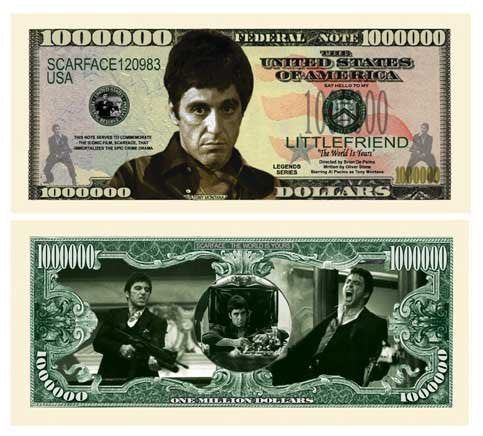 American Art Classics Al Pacino Scarface $Million Dollar$ Novelty Bill in Collectible Currency Holder