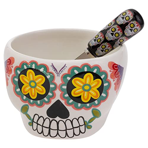 Boston International Ceramic Bowl and Spreader Day of the Dead Gift Boxed Serving Set, 14-Ounce, No Vida Cantina