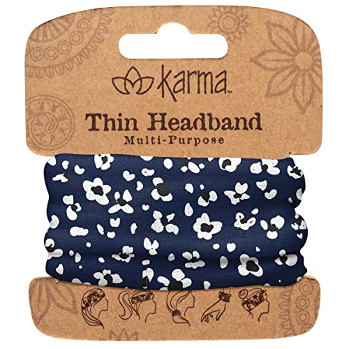 Karma Navy Floral Headband for Women - Thin - Fabric Headband and Stretchy Hair Scarf - Navy Blue