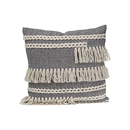 Foreside Home & Garden Gray Woven 20x20 Cotton Decorative Throw Pillow with Hand Tied Fringe, 20 x 20 x 5