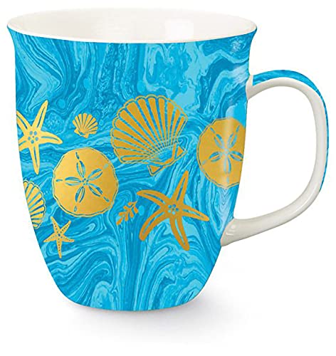 Cape Shore Harbor Coffee Tea Mug Cup, Gold Shells Gifts for Birthday Christmas, 15 Oz