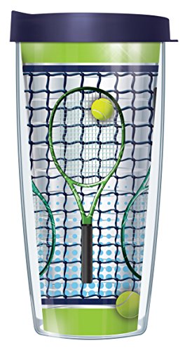 Freeheart Signature Tumblers Tennis Gear Wrap on Lime Green 16 Ounce Double-Walled Travel Tumbler Mug with Navy Blue Easy Sip Lid