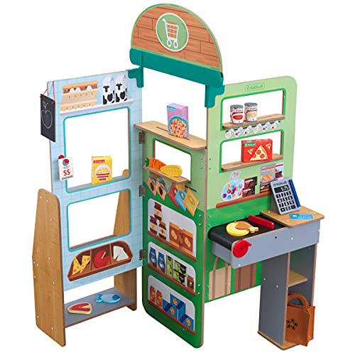 KidKraft Let‚Äôs Pretend‚Ñ¢ Wooden Grocery Store Pop-Up, Play & Put Away Toy with 18 Accessories, Gift for Ages 3+