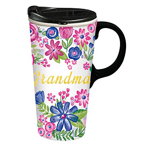 Evergreen Cypress Home Grandma Ceramic Latte Travel Cup With Matallic Accents 17 oz