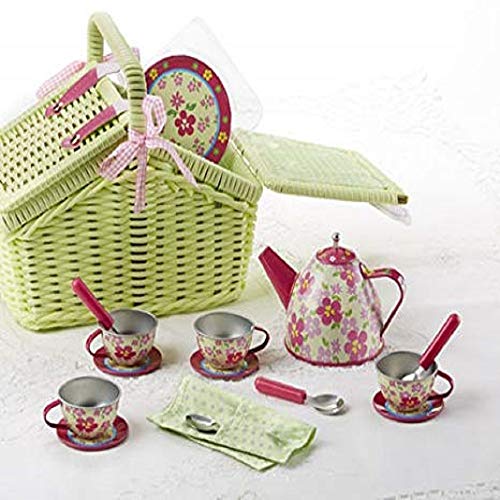 Delton Tin 18pc Tea Set in Basket, Sorrel