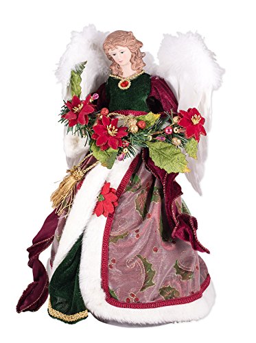 Roman Angel Figures Angel Tree Topper Dressed in an Elegant Dark Green Gown and Sheer Coat with Holy Leaf Design and Holds Garland of Poinsettias