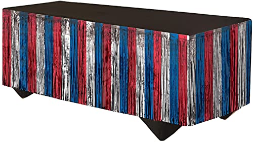 Forum Novelties Party Supplies Tinsel Fringe Table Skirt, 144x29, Red/Silver/Blue