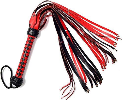 Universe Archery Bare Sutra Horse Crop Flogger | Fully Handmade Genuine Leather Whip | Horse & Bull Training | Heavy Duty Cow Hide Leather Plait Handle with Wrist Wrap | Metal Button Design Flogger (3 ft, Red & Black)