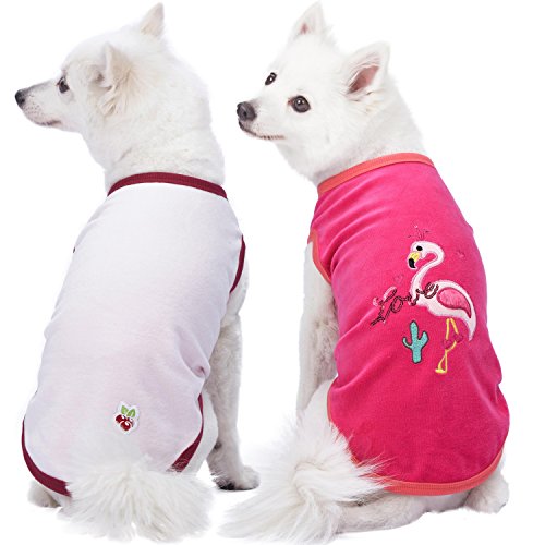 Blueberry Pet Pack of 2 Soft & Comfy Vacation Scene Flamingo Cotton Blend Dog Pajamas & Tank Top T Shirts, Back Length 16", Clothes for Dogs