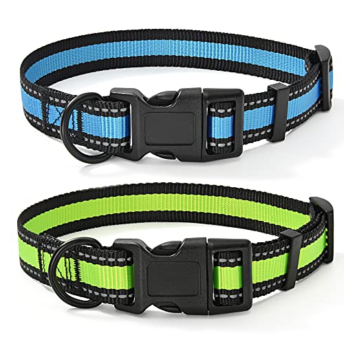Mile High Life Dog Collar | Reflective 3M Stripe with Nylon Band (Blue/Lime Green, Small (Pack of 2))