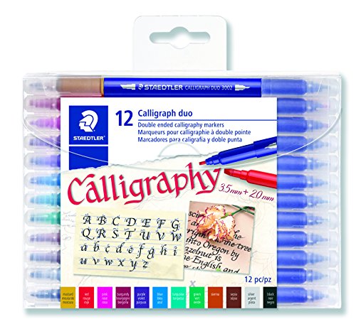 Pens STAEDTLER double ended calligraphy markers, calligraph duo, for narrow and broad lettering designs, pigmented ink, 12 assorted colors, 3002TB12LU