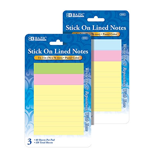 BAZIC Lined Stick On Note, 3 x 3 Inch (40 Count) 3Per Pack