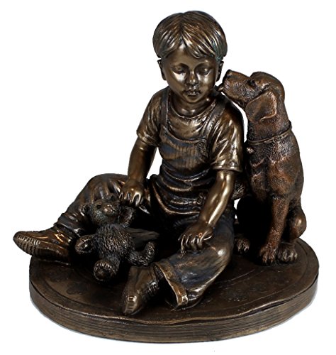 Unicorn Studio US 4.75 Inch Figurine Boy with Dog and Teddy Bear Burnished Bronze Hue
