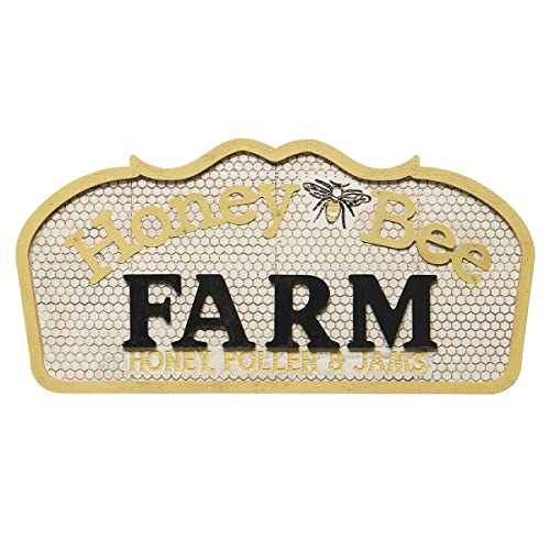Meravic Honey Bee Farm Honey Pollen and Jams Wood and Metal Decorative Yellow Sign, 23-inch Length, White and Black, Outdoor Garden Decoration