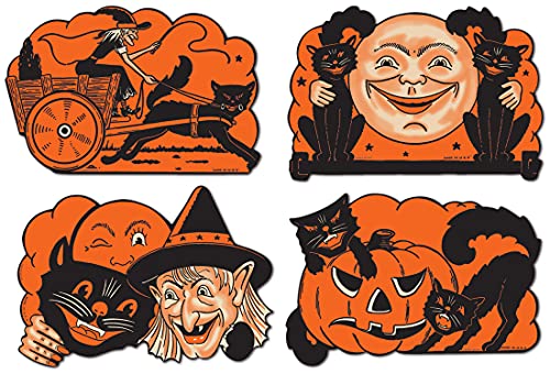 Beistle Wall Decorations 4 Piece Vintage Halloween Party Supplies, 9", Black/Orange