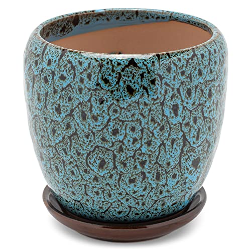 Napco Mottled Teal and Black 3.75 x 3.5 Inch Ceramic Flower Pot Planter with Saucer