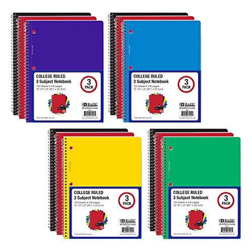BAZIC College Ruled 120 Sheets 3-Subject Spiral Notebook, 10.5" x 8" Assorted Colors Bulk Set, Office Classroom Student Teacher School Supplies (3 Books)