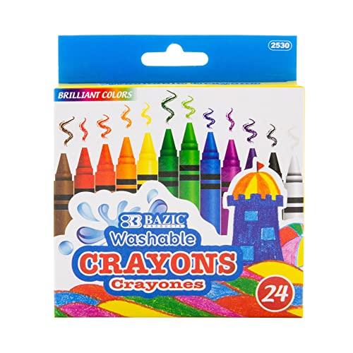 BAZIC 24 Color Washable Premium Crayons, Assorted Coloring Set, School Art Creative Gift for Kids Age 3+, 1-Pack