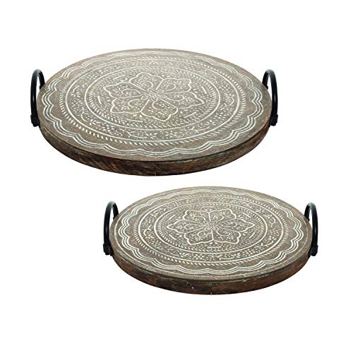 Foreside Home and Garden Set of 2 Rustic Wood Henna Pattern Decorative Trays with Metal Handles, 70, Brown, White