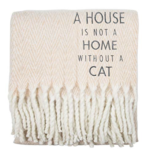 Pavilion Gift Company House is Not A Home Without A Cat-50x60 Super Soft Herringbone Chevron Tassel Throw Blanket, Tan