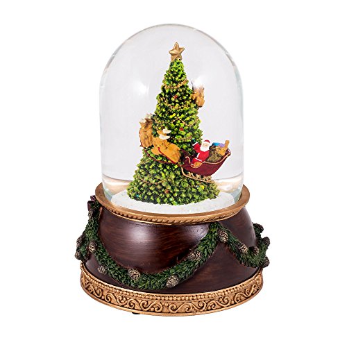 Roman Santa in Sleigh with Reindeer Flying Around Christmas Tree Musical Snow Globe Glitterdome - 8" Tall 120MM - Plays Tune Santa Claus is Coming to Town