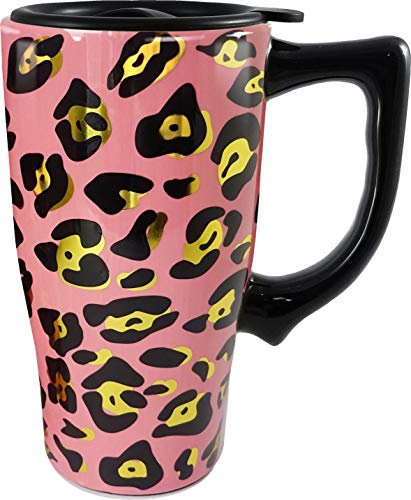 Spoontiques Leopard Ceramic Travel Mug, 18 oz, Pink