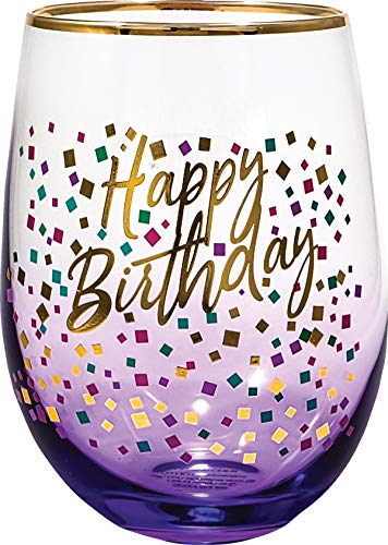 Spoontiques 21720 Happy Birthday Stemless Glass, 20 ounces, Purple