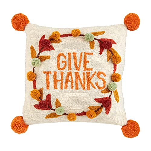 Mud Pie Give Thanks Hooked Wool Pillow, 16" x 16", Orange