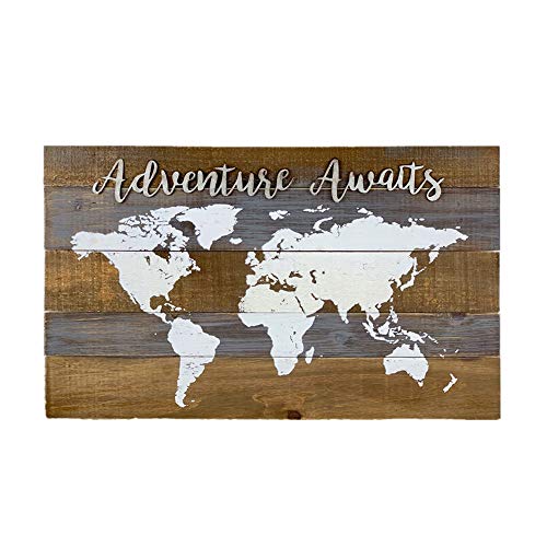 Paris Loft Rustic Wood World Map Decor Adventure Awaits, Decoartive World Map Wall Plaque Sign Decor, 28x 16.75 Inches