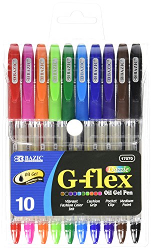 BAZIC 10 Color G-Flex Oil-Gel Ink Pen, Soft Barrel Grip, Stick Ballpoint Pens Medium Point, Assorted Bright Colors Smooth Writing, 1-Pack