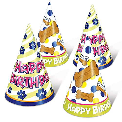 Beistle 60976 Dog Paws and Bone Birthday Paper Party Cone Hats, Multicolor, 4 Ct.