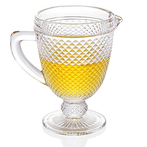 Everest Global 1500 C Tabletop Glass Pitcher with Spout 34 oz. Clear Serving Carafe with Embossed Diamond Pattern for Iced-Beverage Tea Soda Juice Sangria Coke Beer and Cocktails