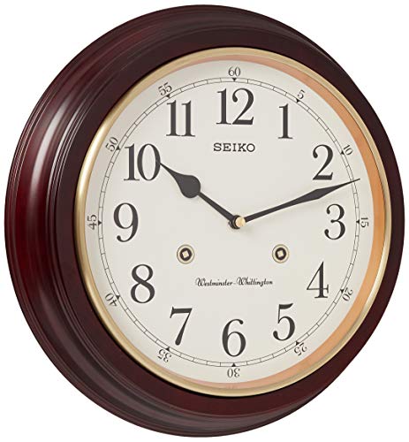 Seiko Round Wood Grain Finish Wall Clock with Dual Quarter Hour Chimes, Brown