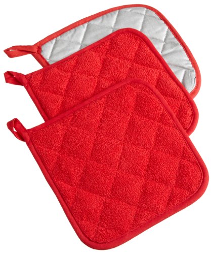 DII Design Basic Terry Collection Quilted 100% Cotton, Potholder, Red, 3 Piece